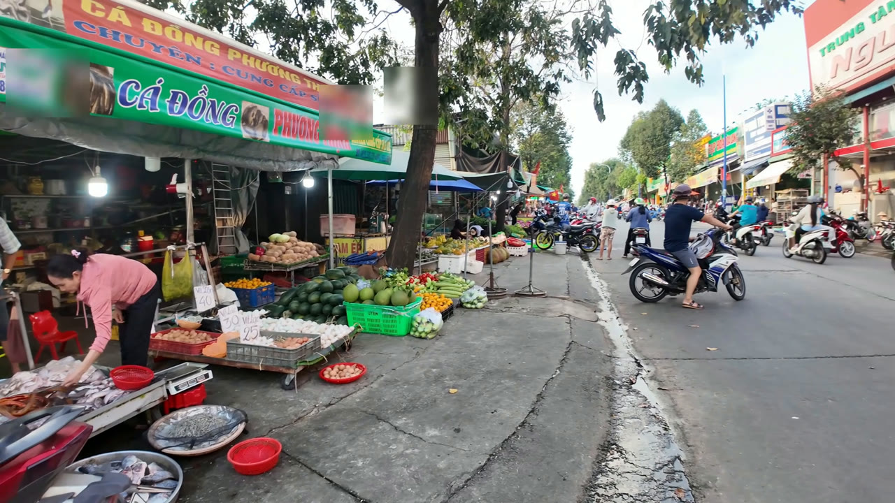 Sạp rau quả và người đi chợ ở chợ tự phát DJ9 khu công nghiệp Mỹ Phước 3
