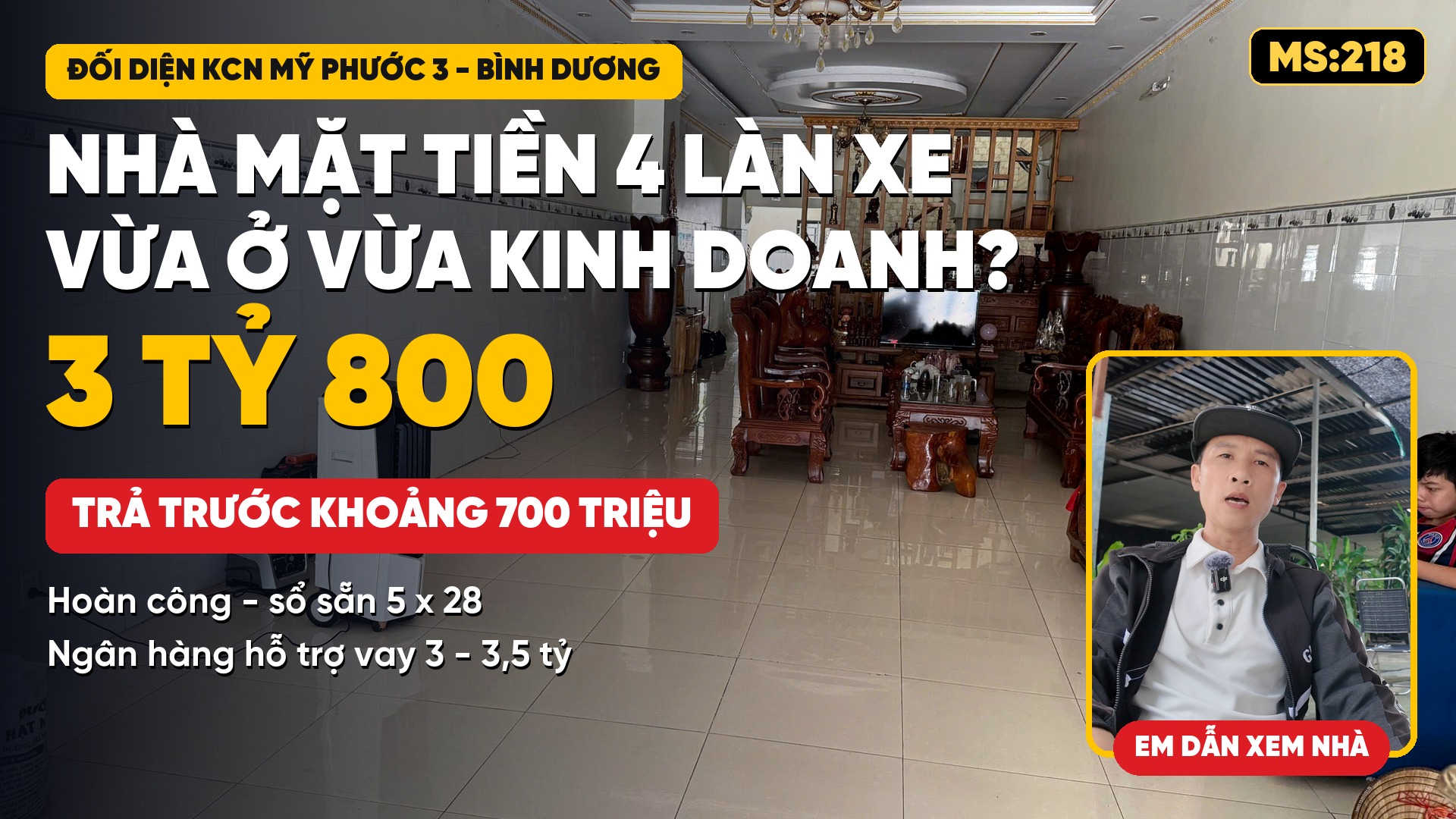 Nhà mặt tiền 4 làn xe đối diện KCN Mỹ Phước 3 giá 3 tỷ 800, phòng khách rộng với bộ salon gỗ